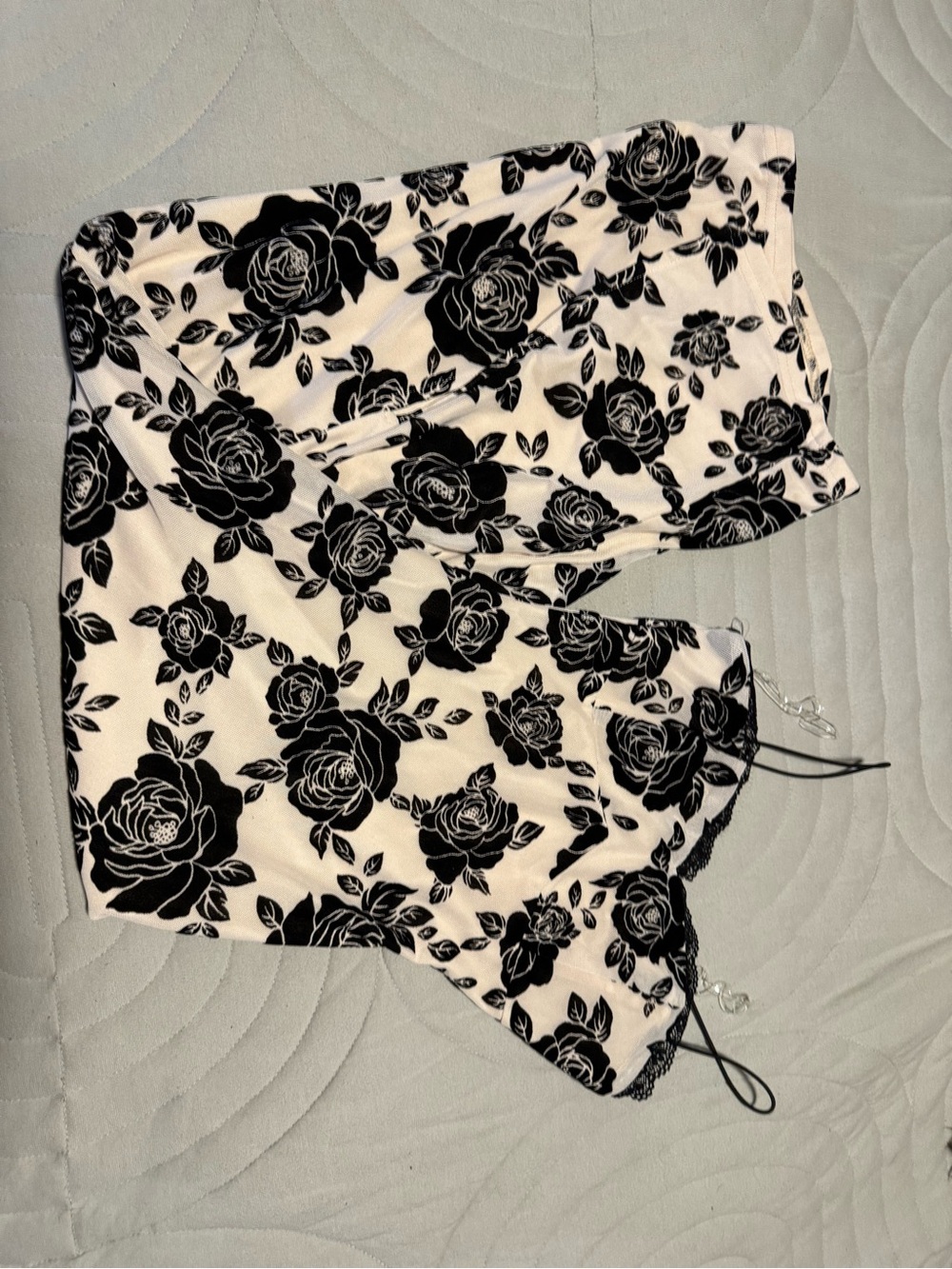 Windsor Black Rose Print Satin Cami & Shorts Set - Black on Cream